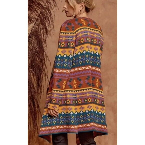 Savanna Jane Sweater Womens Colorful Aztec Open Front Waterfall Boho Size L - Picture 2 of 11